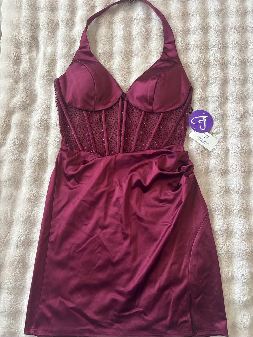 Windsor Burgundy Satin Halter Chemise with Embellished Bodice